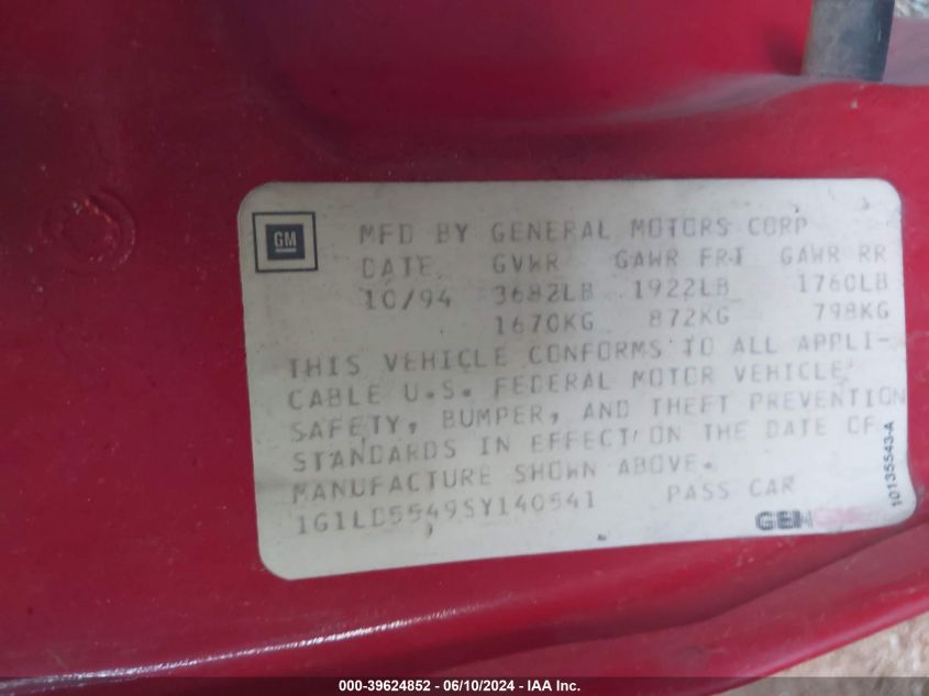 1995 Chevrolet Corsica VIN: 1G1LD5549SY140541 Lot: 39624852