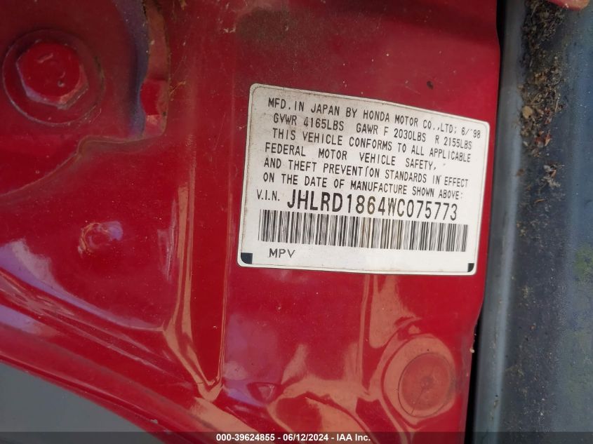 1998 Honda Cr-V Ex VIN: JHLRD1864WC075773 Lot: 39624855