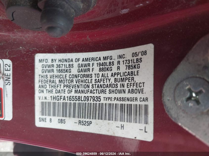 2008 Honda Civic Lx VIN: 1HGFA16558L097935 Lot: 39624859