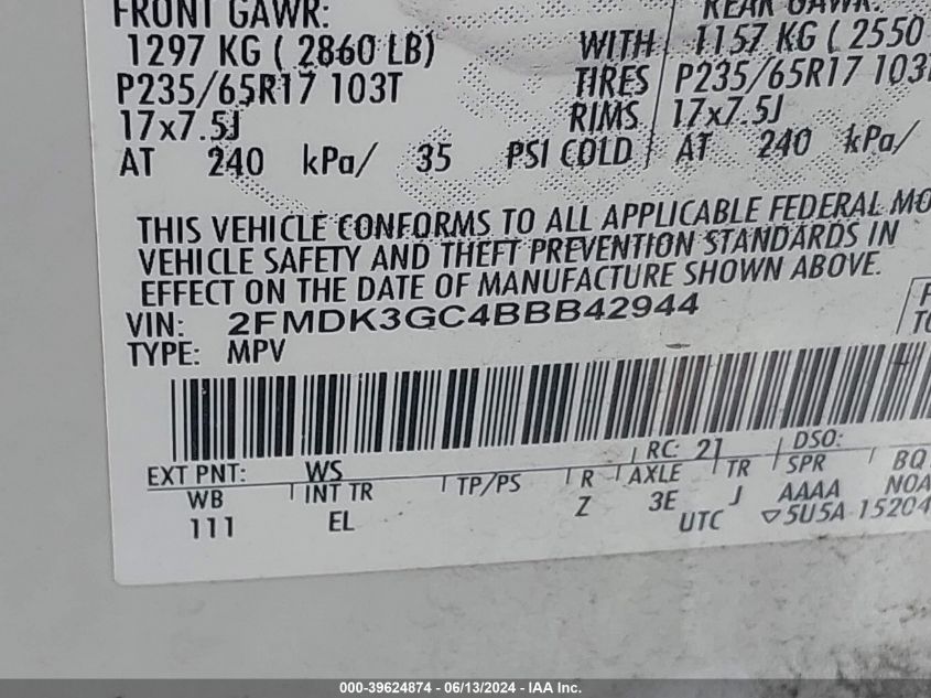 2011 Ford Edge Sel VIN: 2FMDK3JC4BBB65097 Lot: 39624874