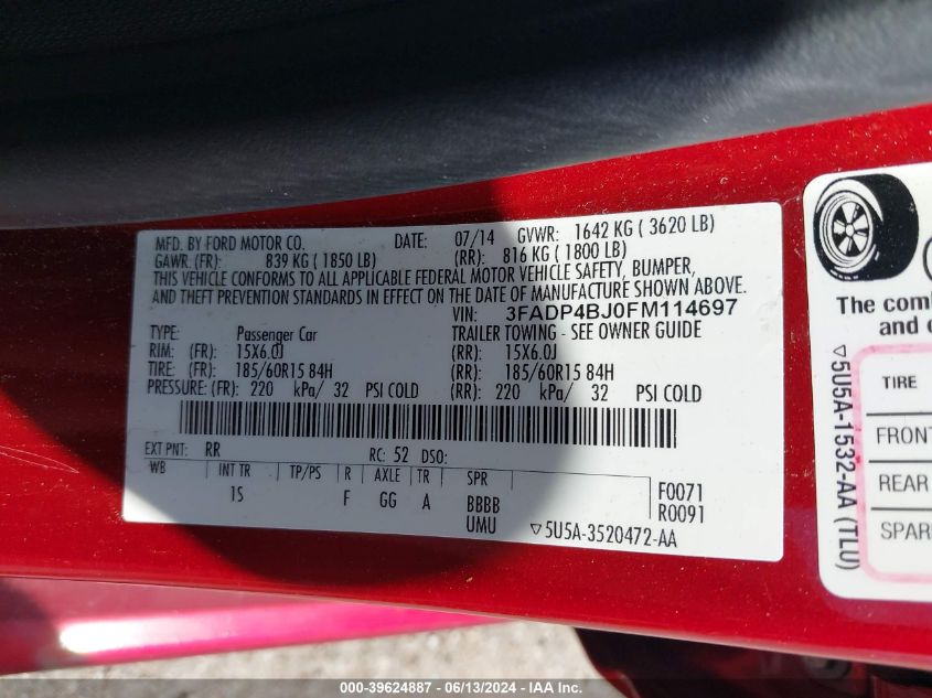 2015 Ford Fiesta Se VIN: 3FADP4BJ0FM114697 Lot: 39624887