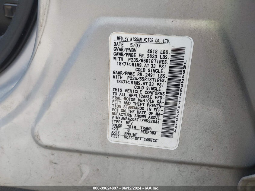 2007 Nissan Murano S VIN: JN8AZ08T17W522544 Lot: 39624897