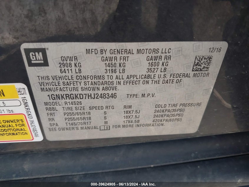 2017 Chevrolet Traverse 1Lt VIN: 1GNKRGKD7HJ248346 Lot: 39624905