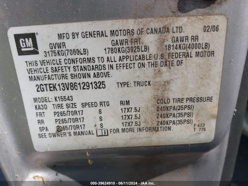 2006 GMC Sierra 1500 Sl VIN: 2GTEK13V861291325 Lot: 39624910
