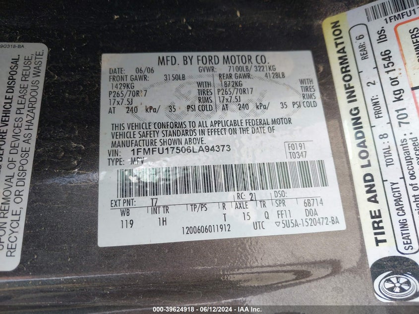 2006 Ford Expedition Eddie Bauer/King Ranch VIN: 1FMFU17506LA94373 Lot: 39624918