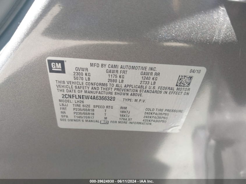 2010 Chevrolet Equinox Lt VIN: 2CNFLNEW4A6366320 Lot: 39624930