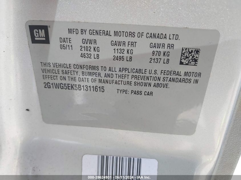 2011 Chevrolet Impala Lt VIN: 2G1WG5EK5B1311615 Lot: 39624931