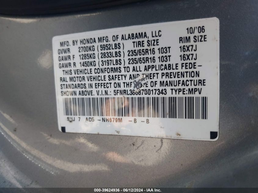 2007 Honda Odyssey Ex-L VIN: 5FNRL38687B017343 Lot: 39624936