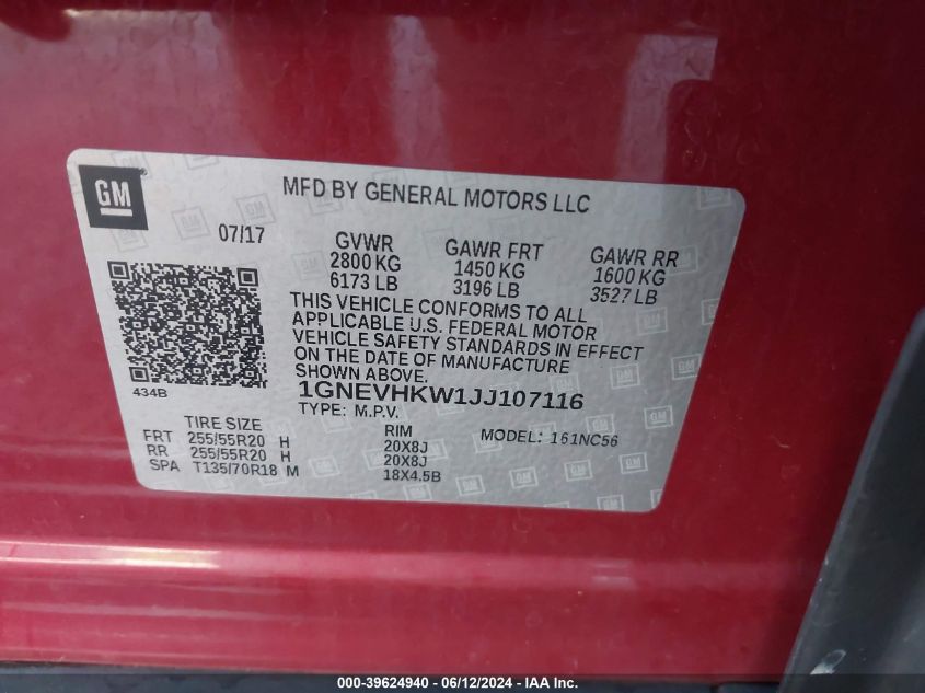 2018 Chevrolet Traverse 3Lt VIN: 1GNEVHKW1JJ107116 Lot: 39624940