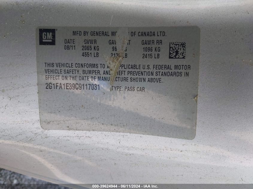2012 Chevrolet Camaro 2Ls VIN: 2G1FA1E39C9117031 Lot: 39624944