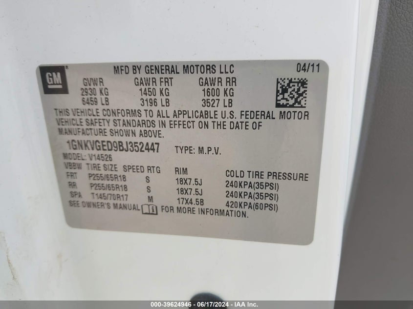 2011 Chevrolet Traverse 1Lt VIN: 1GNKVGED9BJ352447 Lot: 39624946