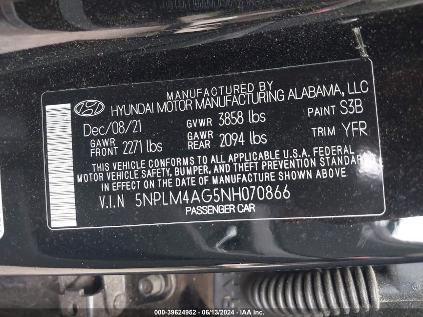 2022 Hyundai Elantra Sel VIN: 5NPLM4AG5NH070866 Lot: 39624952