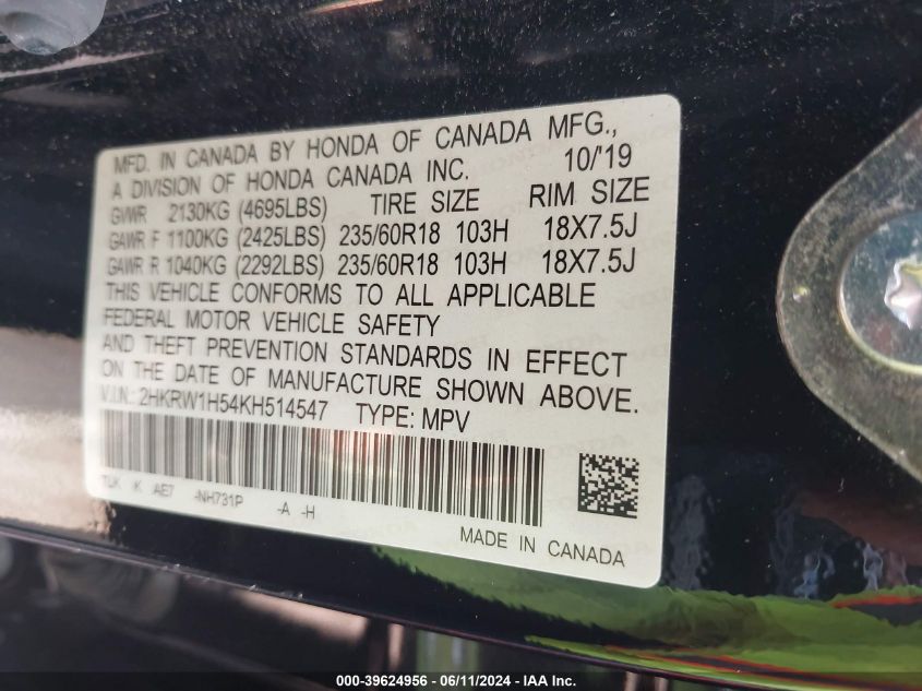2019 Honda Cr-V Ex VIN: 2HKRW1H54KH514547 Lot: 39624956