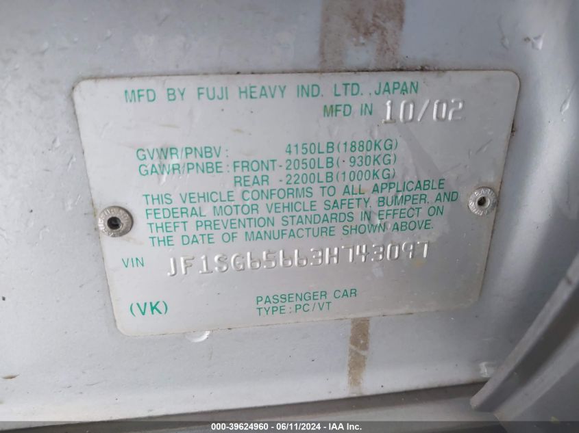 2003 Subaru Forester 2.5Xs VIN: JF1SG65663H743097 Lot: 39624960