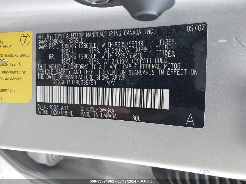 2008 Lexus Rx 350 VIN: 2T2GK31U78C036759 Lot: 39624962