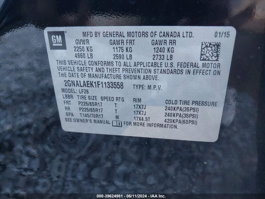 2015 Chevrolet Equinox Ls VIN: 2GNALAEK1F1133558 Lot: 39624981