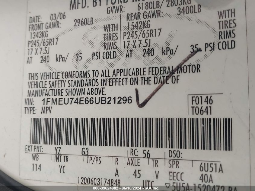 2006 Ford Explorer Eddie Bauer VIN: 1FMEU74E66UB21296 Lot: 39624982