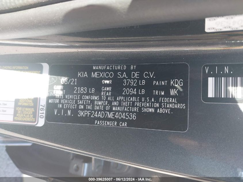 2021 Kia Forte Lxs VIN: 3KPF24AD7ME404536 Lot: 39625007