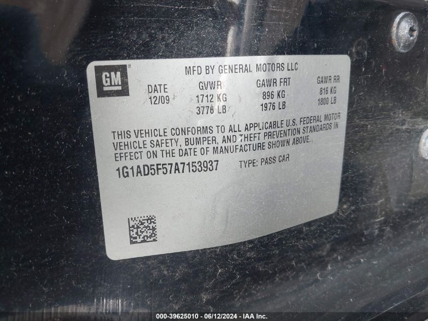 2010 Chevrolet Cobalt Lt VIN: 1G1AD5F57A7153937 Lot: 39625010