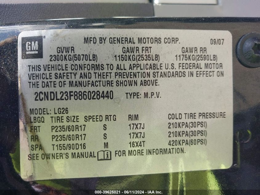 2008 Chevrolet Equinox Ls VIN: 2CNDL23F886028440 Lot: 39625021