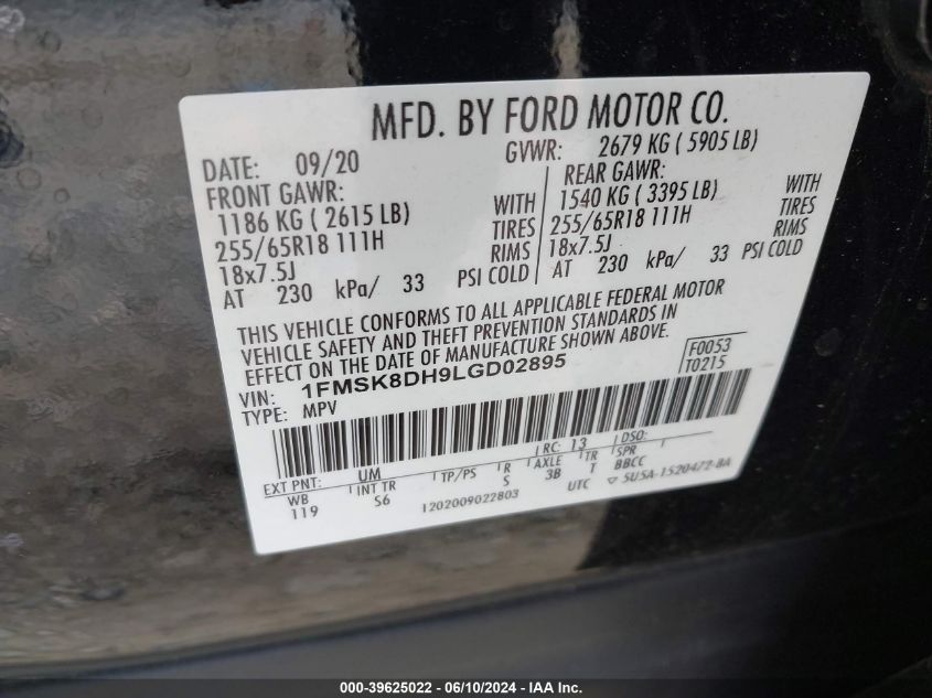 2020 Ford Explorer Xlt VIN: 1FMSK8DH9LGD02895 Lot: 39625022