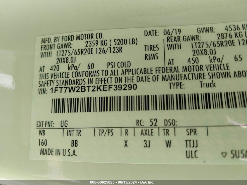 2019 Ford F-250 Platinum VIN: 1FT7W2BT2KEF39290 Lot: 39625025