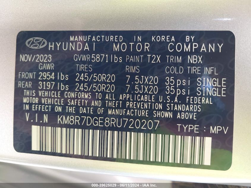 2024 Hyundai Palisade Calligraphy/Calligraphy N VIN: KM8R7DGE8RU720207 Lot: 39625029