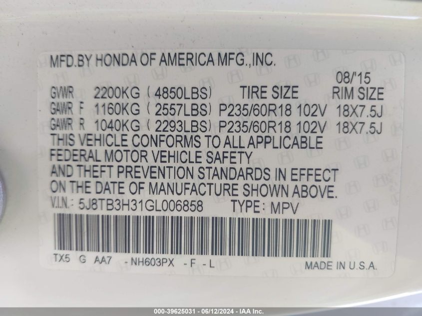 2016 Acura Rdx Acurawatch Plus Pkg VIN: 5J8TB3H31GL006858 Lot: 39625031