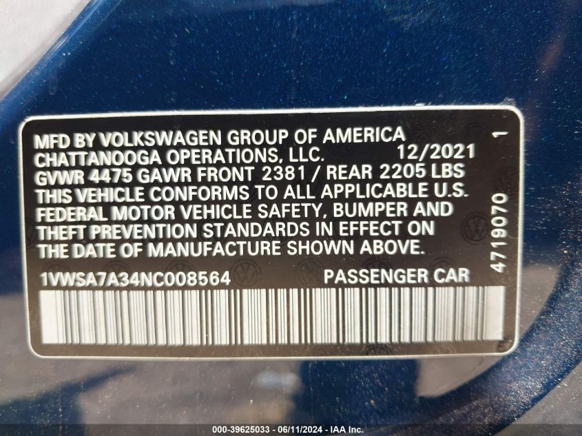 2022 VOLKSWAGEN PASSAT SE - 1VWSA7A34NC008564