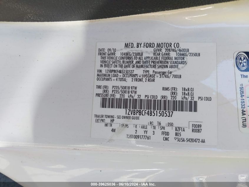 2011 Ford Mustang Gt Premium VIN: 1ZVBP8CF4B5150537 Lot: 39625036