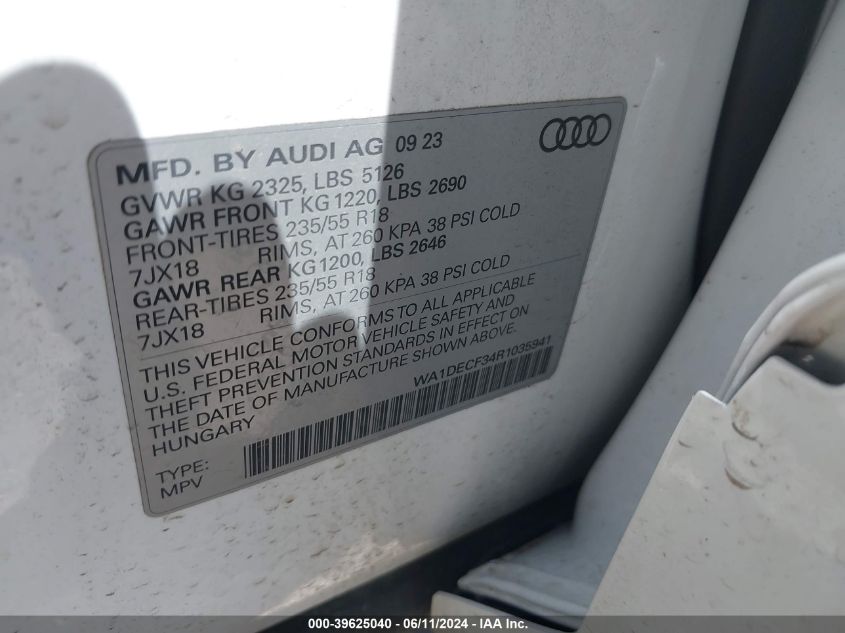 2024 Audi Q3 Premium 45 Tfsi S Line Quattro Tiptronic VIN: WA1DECF34R1035941 Lot: 39625040