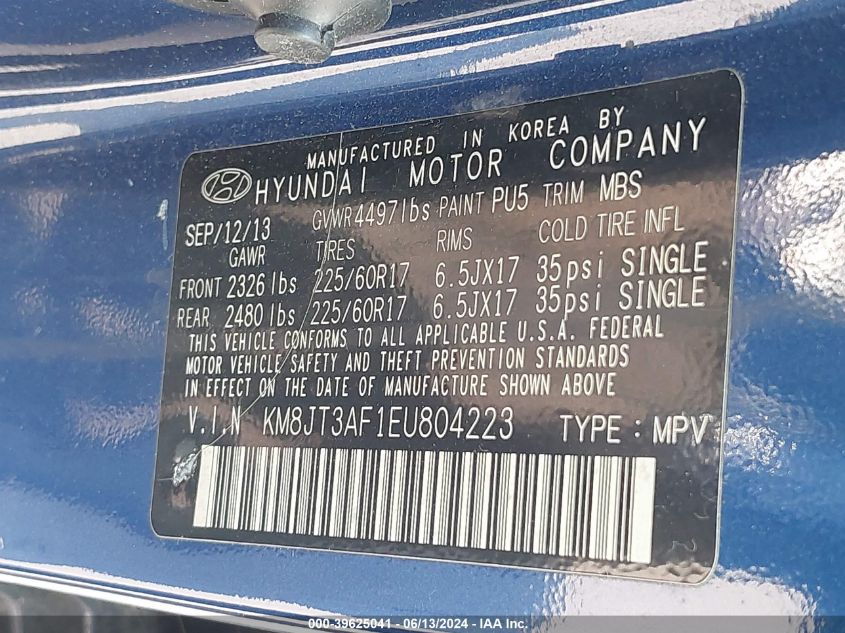 2014 Hyundai Tucson Gls VIN: KM8JT3AF1EU804223 Lot: 39625041