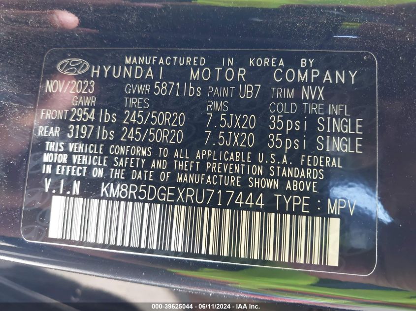 2024 Hyundai Palisade Limited VIN: KM8R5DGEXRU717444 Lot: 39625044