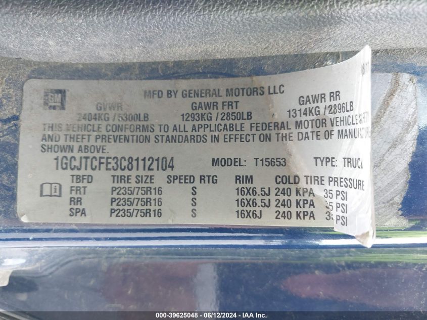 2012 Chevrolet Colorado 1Lt VIN: 1GCJTCFE3C8112104 Lot: 39625048