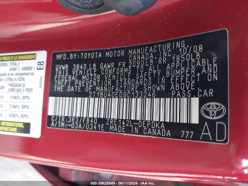 2009 Toyota Corolla Le VIN: 2T1BU40E09C133246 Lot: 39625049