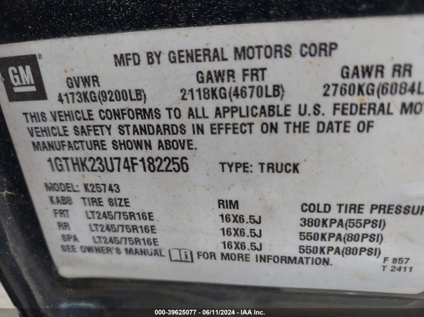 2004 GMC Sierra 2500Hd Slt VIN: 1GTHK23U74F182256 Lot: 39625077