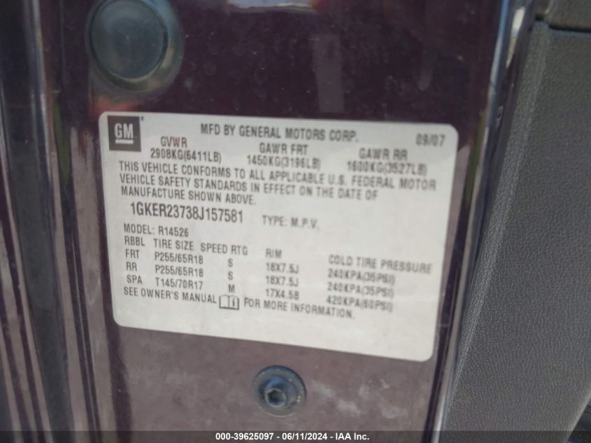 2008 GMC Acadia Slt-1 VIN: 1GKER23738J157581 Lot: 39625097