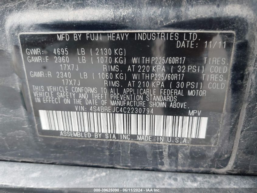 2012 Subaru Outback 3.6R Limited VIN: 4S4BREJC4C2230794 Lot: 39625098