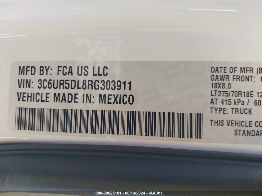 2024 Ram 2500 Big Horn 4X4 6'4 Box VIN: 3C6UR5DL8RG303911 Lot: 39625101