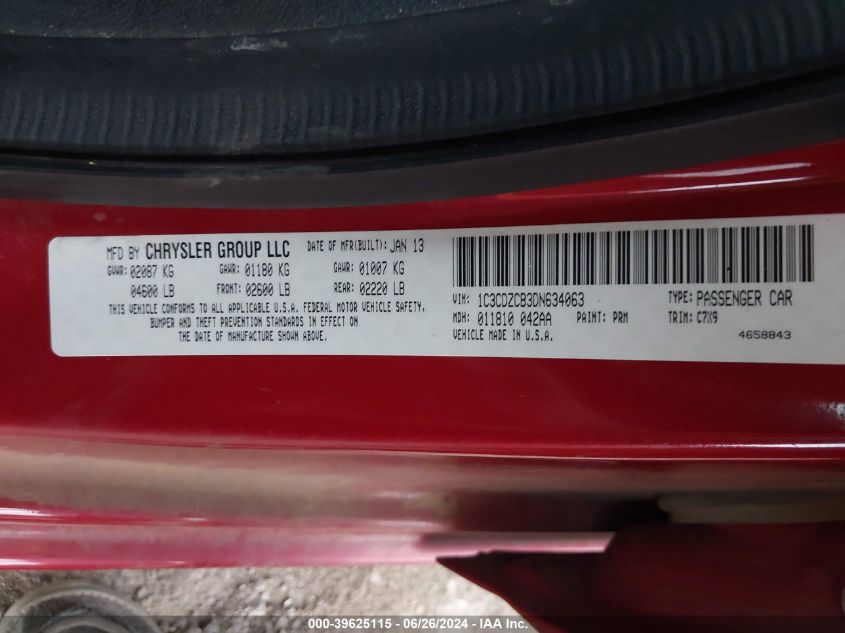 2013 Dodge Avenger Sxt VIN: 1C3CDZCB3DN634063 Lot: 39625115