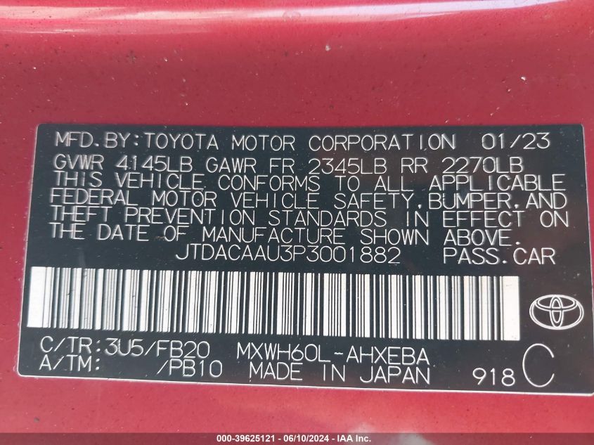 2023 Toyota Prius Le VIN: JTDACAAU3P3001882 Lot: 39625121