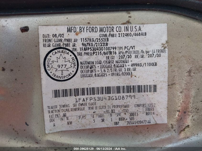 2003 Ford Taurus Se VIN: 1FAFP53U43G108799 Lot: 39625129