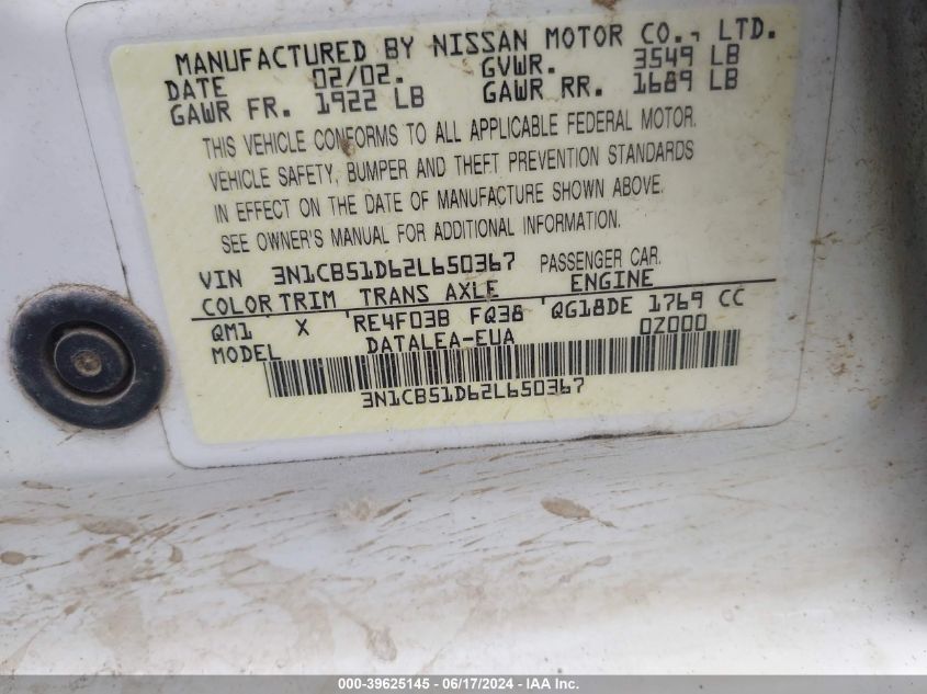 2002 Nissan Sentra Gxe VIN: 3N1CB51D62L650367 Lot: 39625145