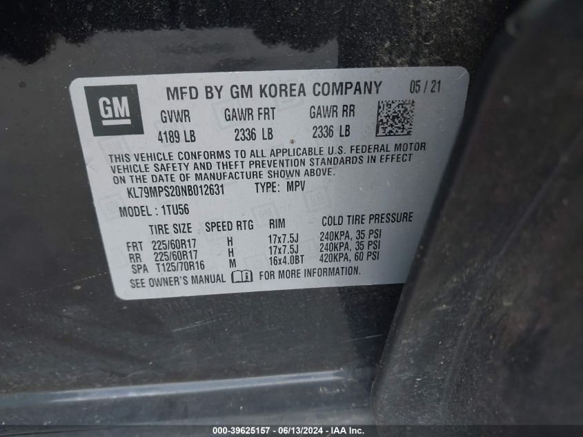 2022 Chevrolet Trailblazer Fwd Lt VIN: KL79MPS20NB012631 Lot: 39625157