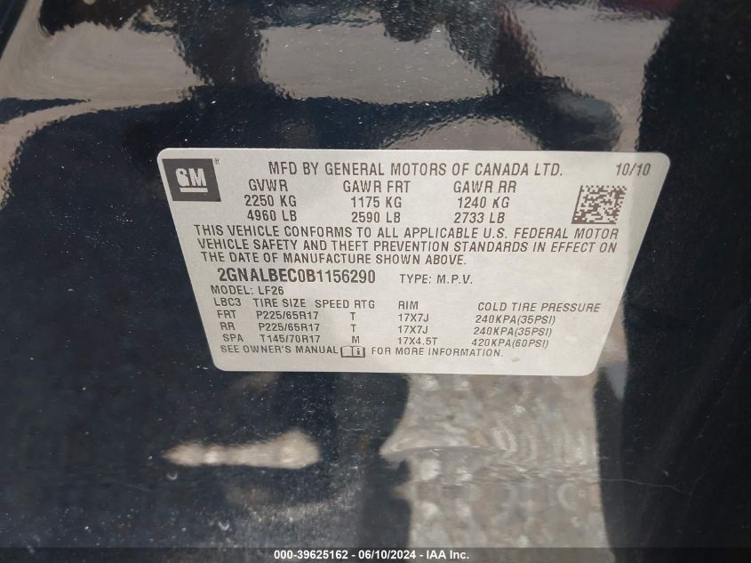 2011 Chevrolet Equinox Ls VIN: 2GNALBEC0B1156290 Lot: 39625162