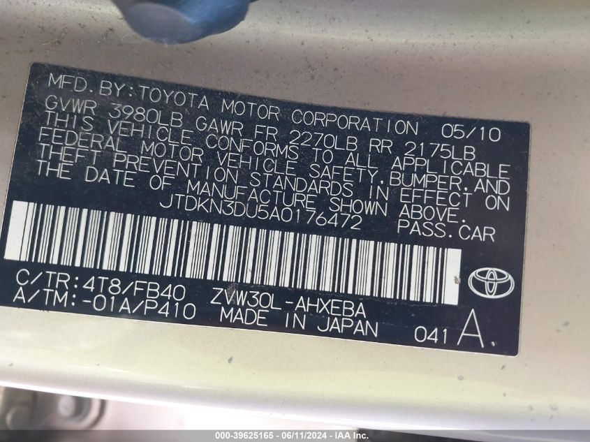 2010 Toyota Prius Iii VIN: JTDKN3DU5A0176472 Lot: 39625165
