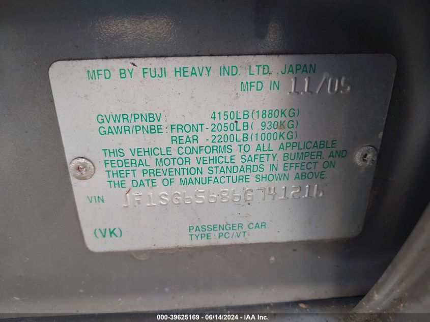 2006 Subaru Forester 2.5X VIN: JF1SG65686G741216 Lot: 39625169