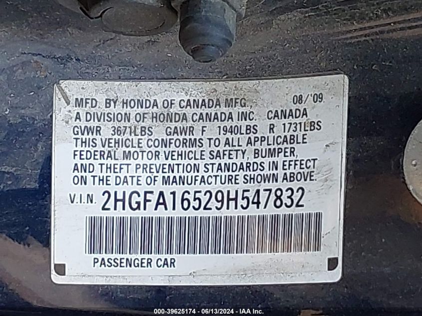 2009 Honda Civic Lx VIN: 2HGFA16529H547832 Lot: 39625174