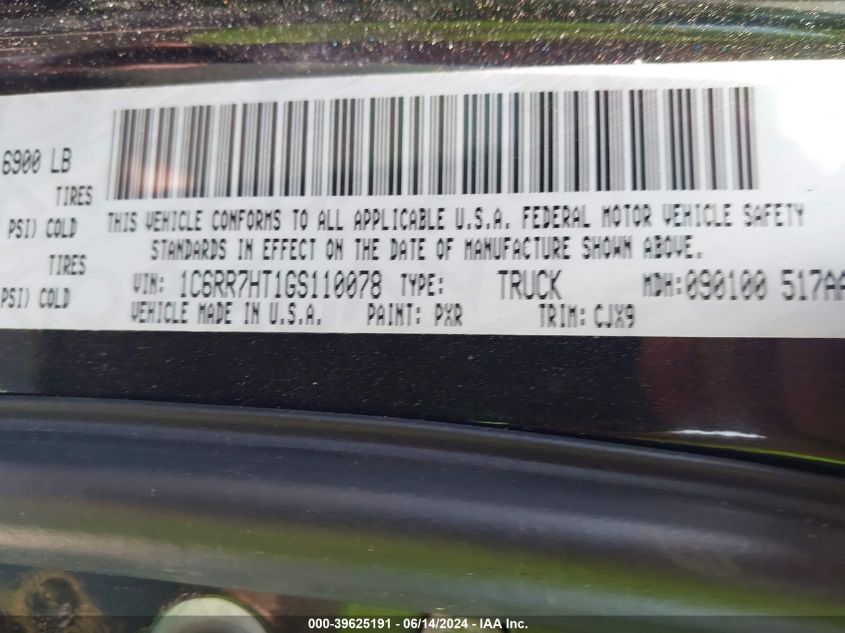 2016 Ram 1500 Sport VIN: 1C6RR7HT1GS110078 Lot: 39625191
