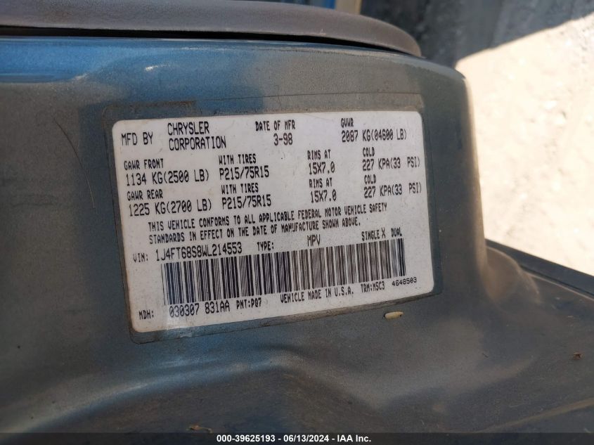 1998 Jeep Cherokee Classic/Sport VIN: 1J4FT68S8WL214553 Lot: 39625193